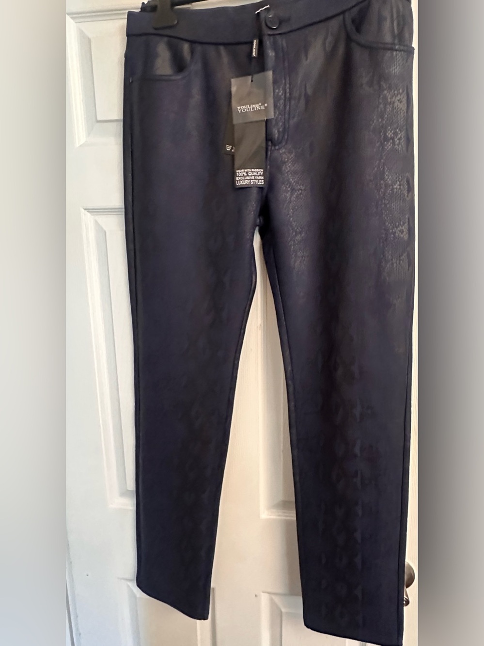 Navy Faux Leather Skinny Jeans - Women's Slim Fit